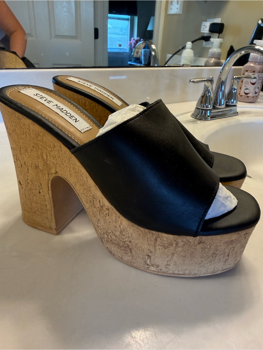 Steve Madden Black Leather Cork Platform Slide Heels